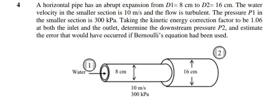 Solved 4 A horizontal pipe has an abrupt expansion from D1= | Chegg.com