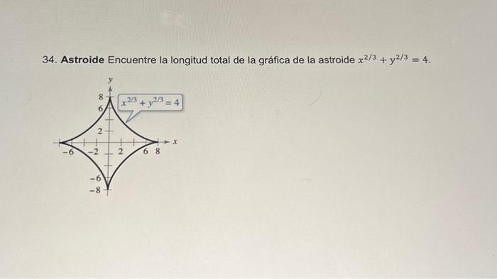 34. Astroide Encuentre la longitud total de la gráfica de la astroide \( x^{2 / 3}+y^{2 / 3}=4 \).