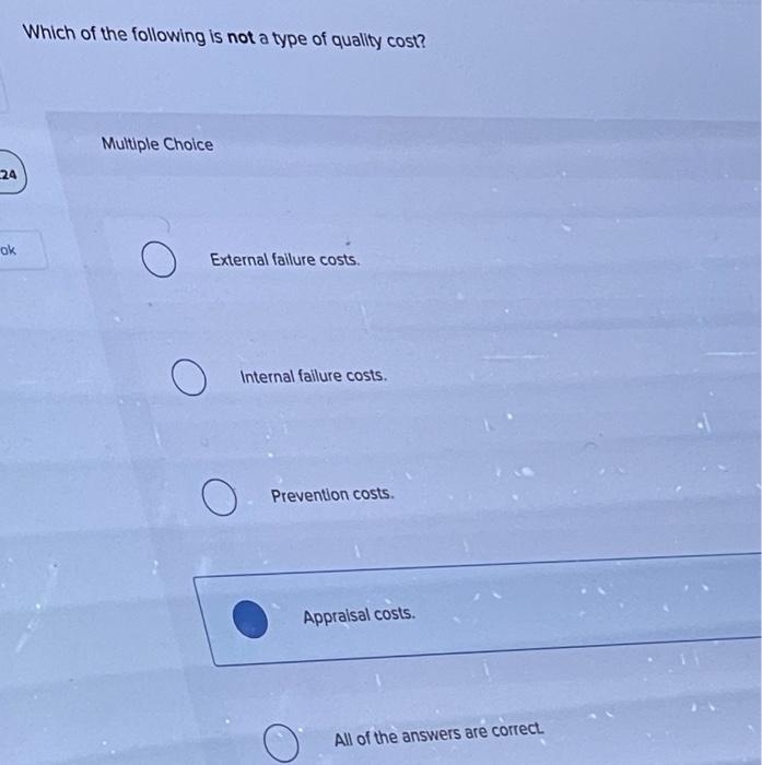 Solved Which Of The Following Is Not A Type Of Quality Cost? | Chegg.com