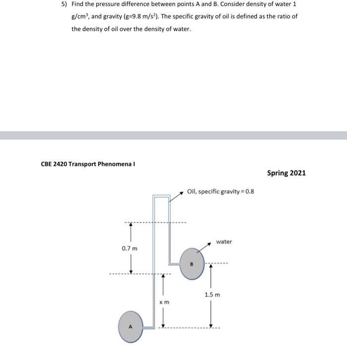 Solved 5) Find the pressure difference between points A and | Chegg.com