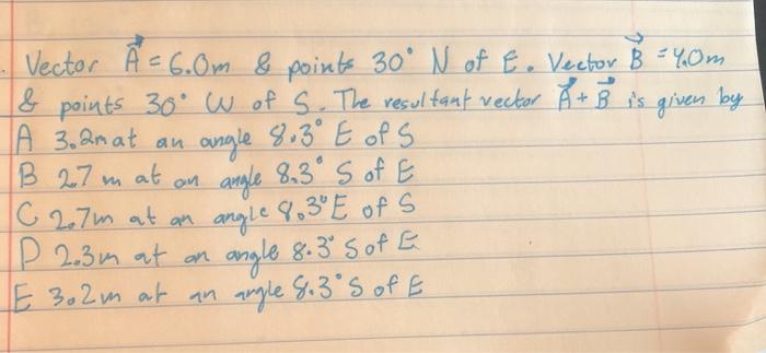 Solved Vector A 6 0m Points 30 N Of E Vector B 40 Chegg Com