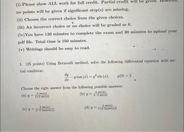 Solved (i) Please show ALL work for full credit. Partial | Chegg.com