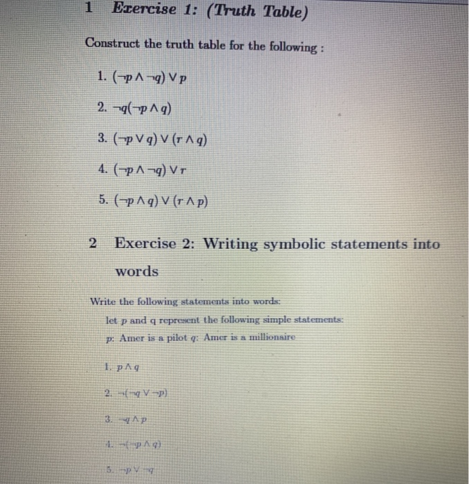 Solved 1 Exercise 1: (Truth Table) Construct the truth table | Chegg.com