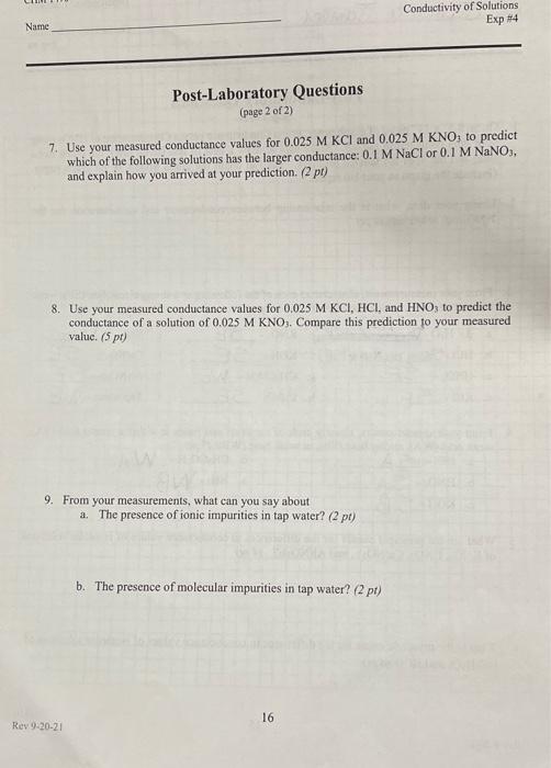 Solved Experiment 4 Conductivity of Solutions Data sheet 1