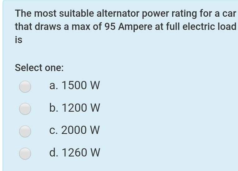 Solved The most suitable alternator power rating for a car | Chegg.com