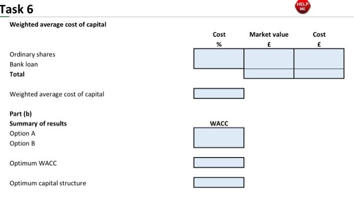 Task 6
Weighted average cost of capital
Ordinary shares
Bank loan
Total
\begin{tabular}{|c|c|c|}
\multicolumn{1}{c}{ Cost Mar
