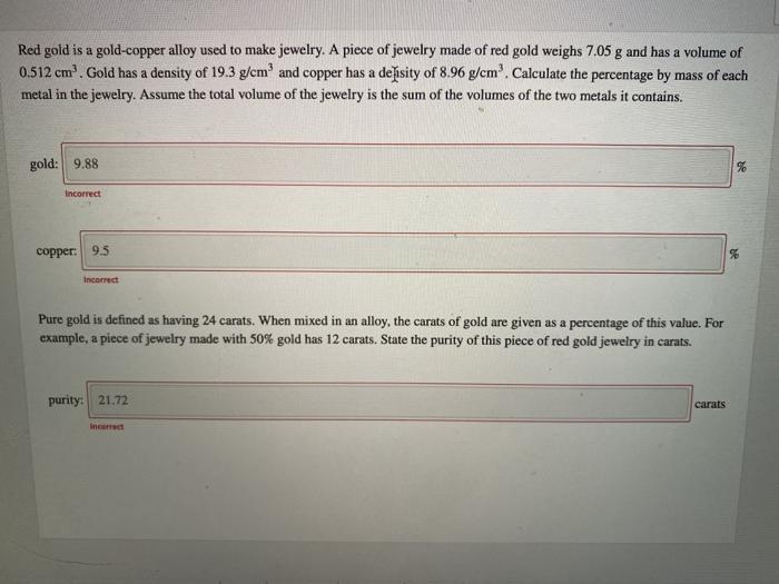 Solved Red gold is a goldcopper alloy used to make jewelry.