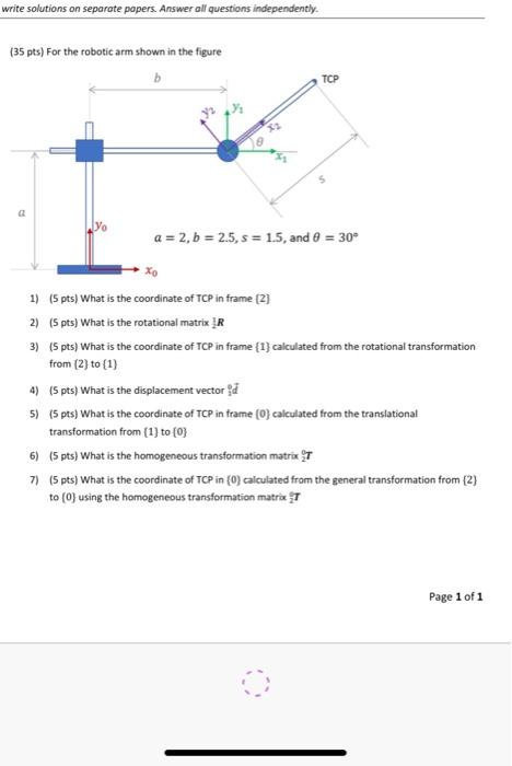 Solved ( 35pts ) For The Robotic Arm Shown In The Figure 1) | Chegg.com