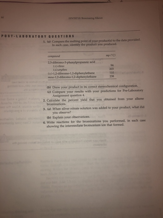 SYNT0719. Brominating Alkenes POST-LABORATORY | Chegg.com