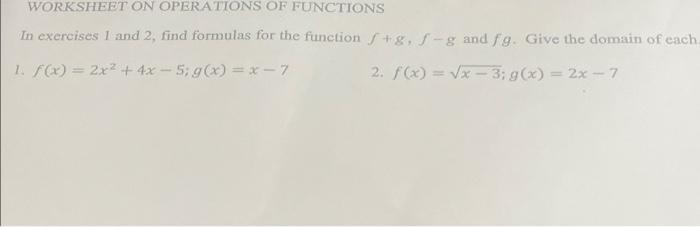 Solved WORKSHEET ON OPERATIONS OF FUNCTIONS In exercises 1 | Chegg.com