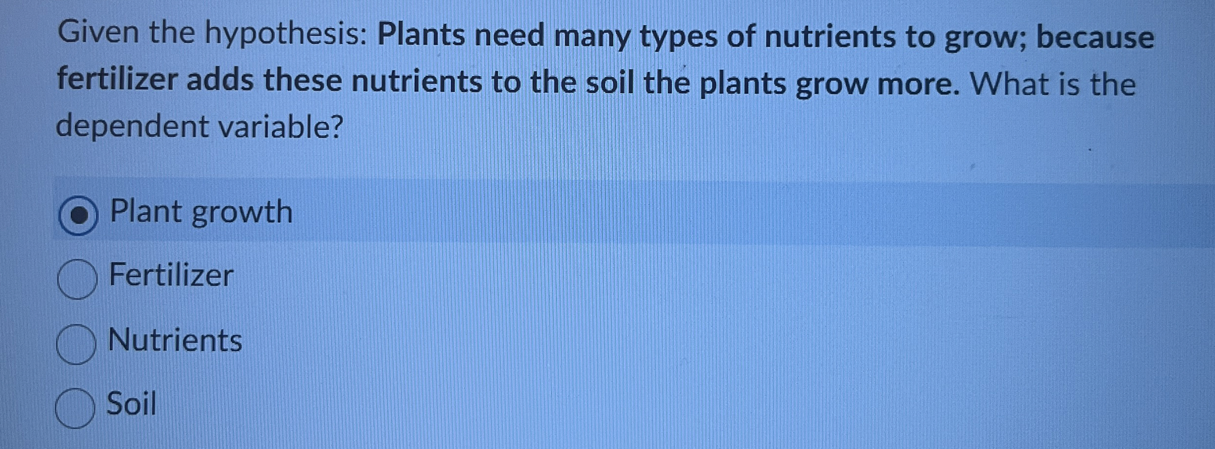 Solved Given the hypothesis: Plants need many types of | Chegg.com