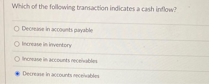 Solved Which of the following transaction indicates a cash | Chegg.com