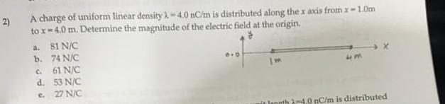 Solved A charge of uniform linear density λ=4.0nCm is | Chegg.com