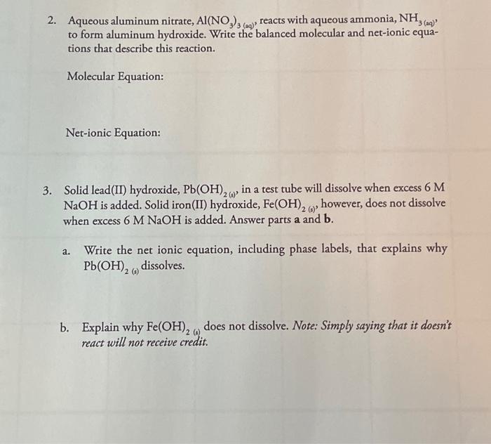 Solved 2. Aqueous aluminum nitrate, Al(NO )3(aq)!! reacts