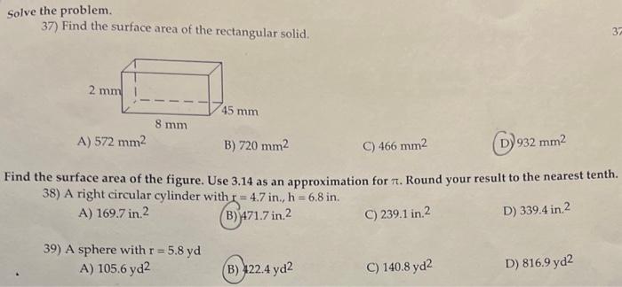 Solved Solve The Problem. 37) Find The Surface Area Of The | Chegg.com