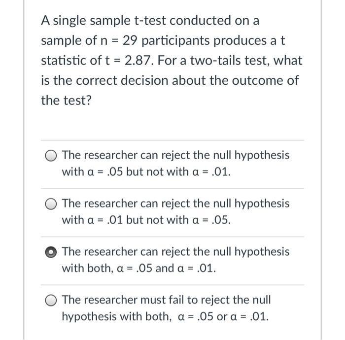 Solved A single sample t-test conducted on a sample of n = | Chegg.com