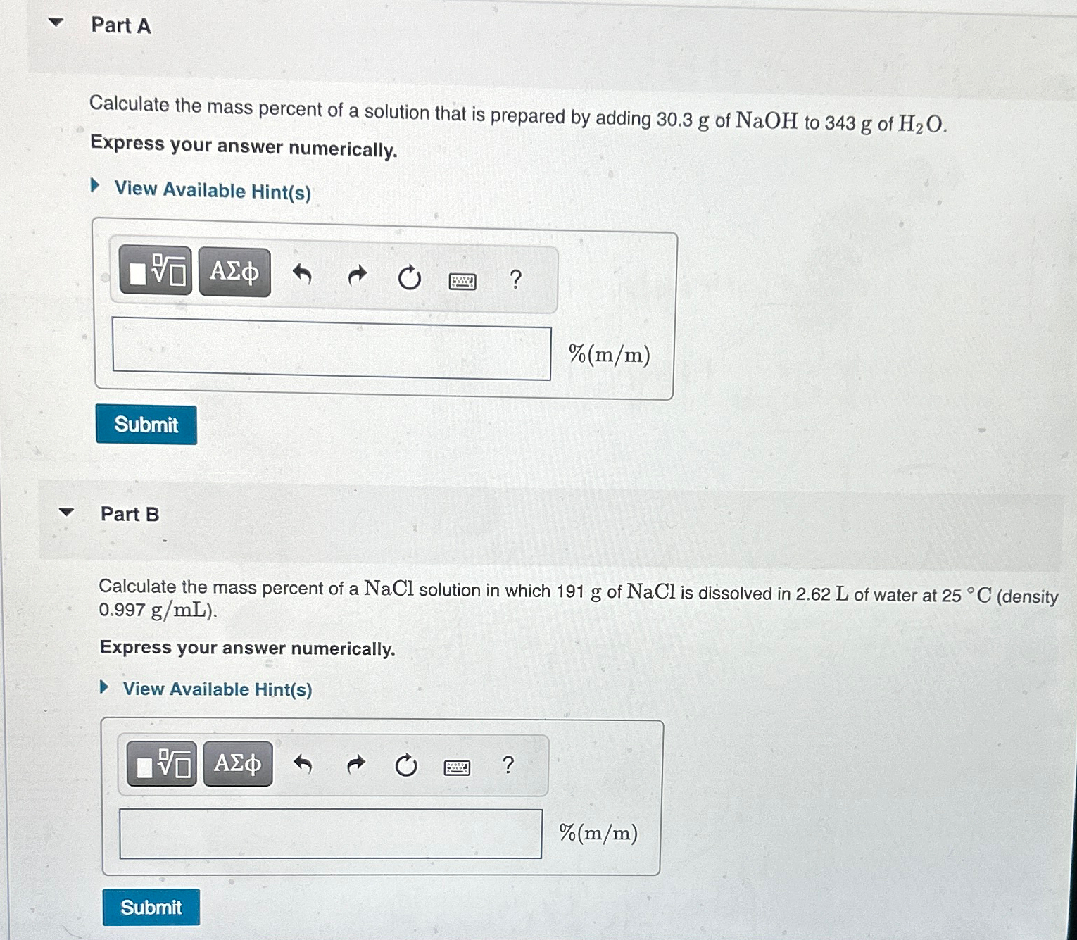 Solved Part Acalculate The Mass Percent Of A Solution That Chegg Com