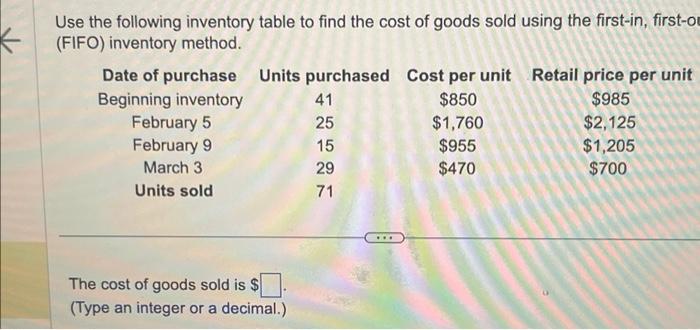 Use the following inventory table to find the cost of goods sold using the first-in, first-o (FIFO) inventory method.
The cos