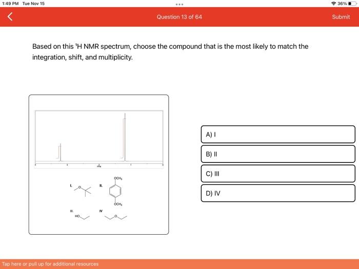 Solved A H Nmr Spectrum Of The Molecule Shown Below Was Chegg Com