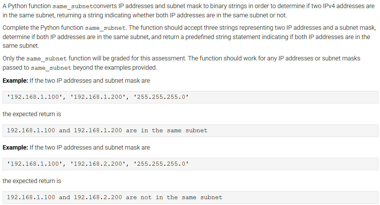 Solved A Python function same_subnetconverts IP addresses | Chegg.com