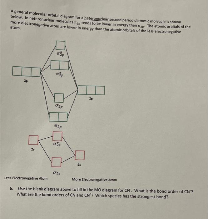 A general molecular orbital diagram for a heteronuclear second period diatomic molecule is shown below. In heteronuclear mole