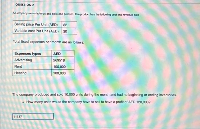 Solved A Company manufactures and sells one product. The | Chegg.com