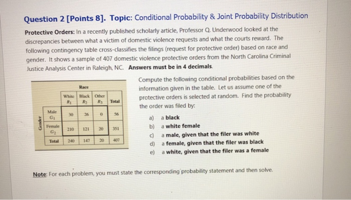 Solved Question 2 [Points 8]. Topic: Conditional Probability | Chegg.com