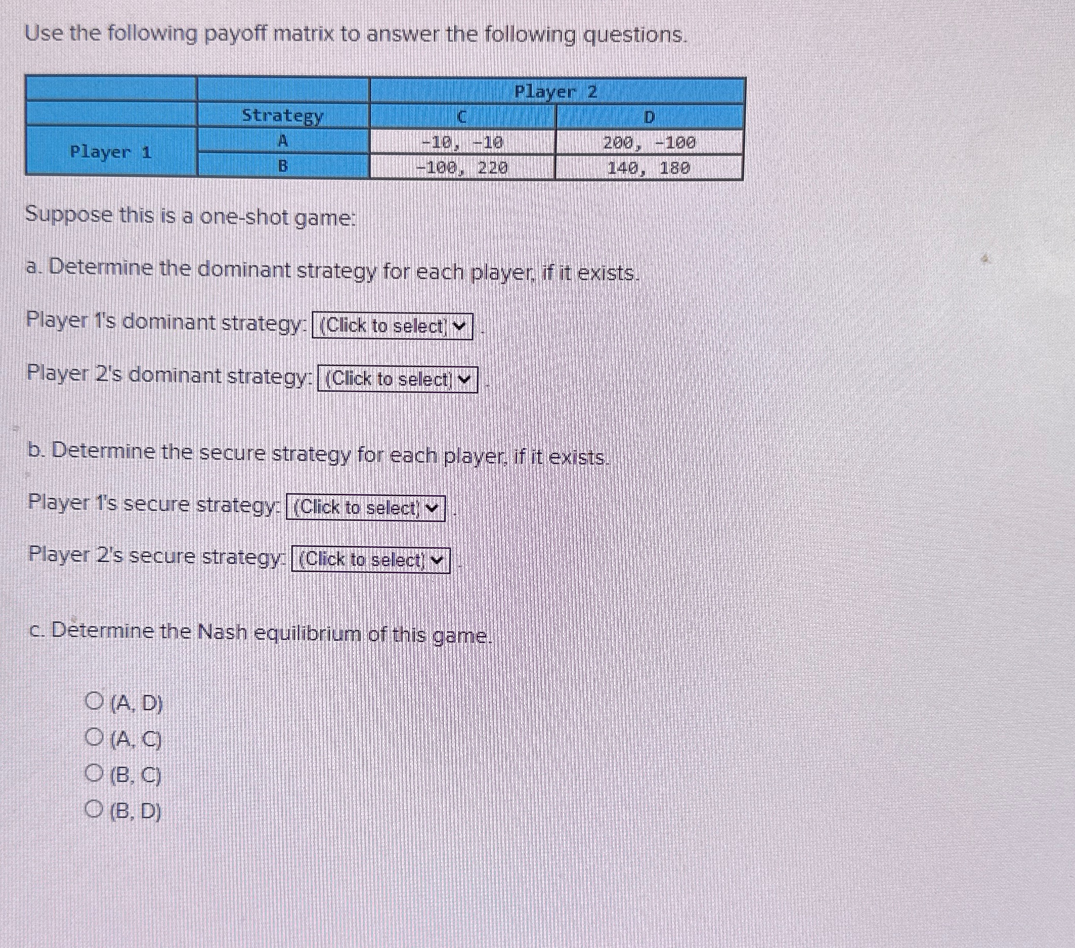 Solved Use the following payoff matrix to answer the | Chegg.com