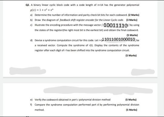Q2. A binary linear cyclic block code with a code | Chegg.com