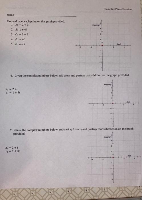 Solved Complex Plane Handout Name Imaginary Plot and label | Chegg.com