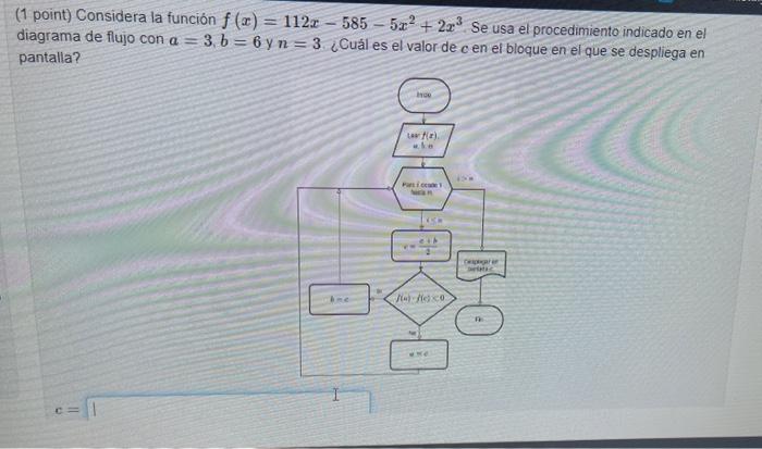 (1 point) Considera la función \( f(x)=112 x-585-5 x^{2}+2 x^{3} \). Se usa el procedimiento indicado en el diagrama de flujo