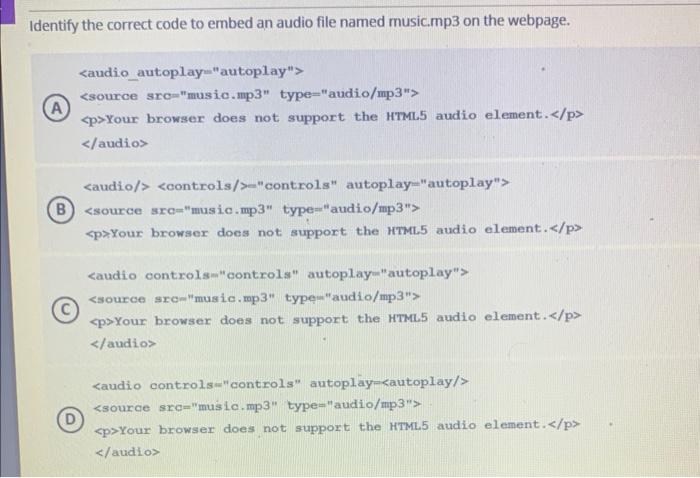 Identify the correct code to embed an audio file | Chegg.com