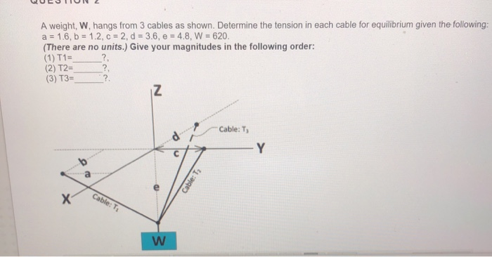 Solved QUESTION 2 A weight, W, hangs from 3 cables as shown. | Chegg.com