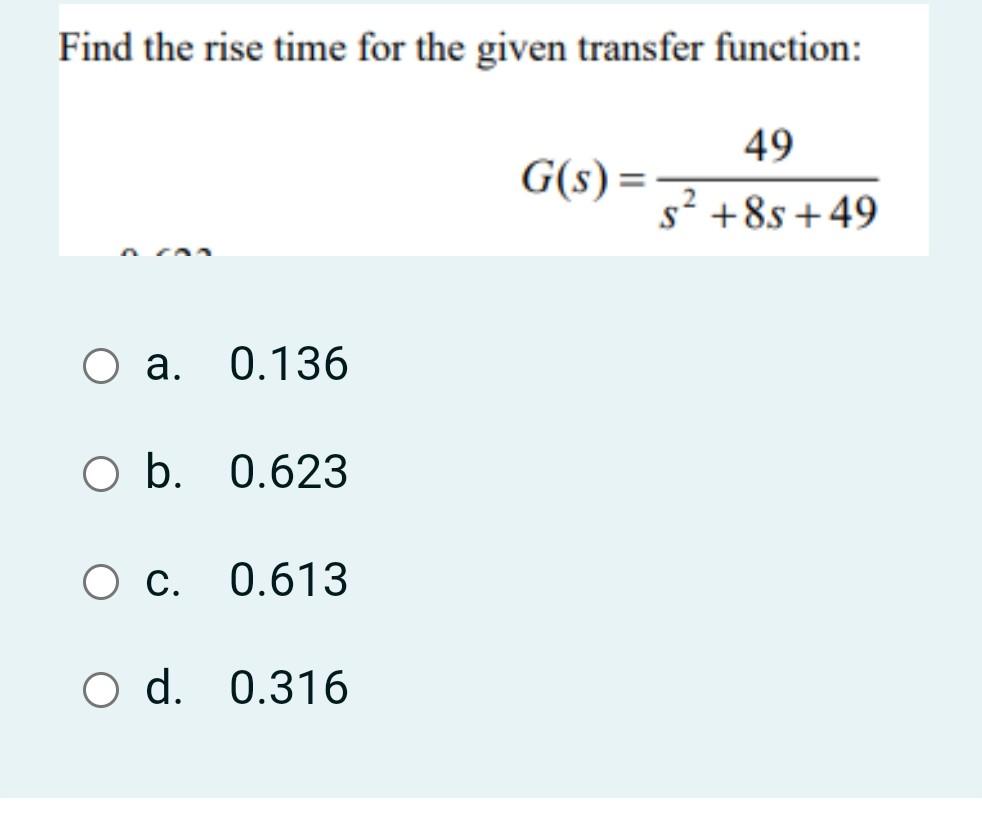 Solved Find the rise time for the given transfer function: | Chegg.com