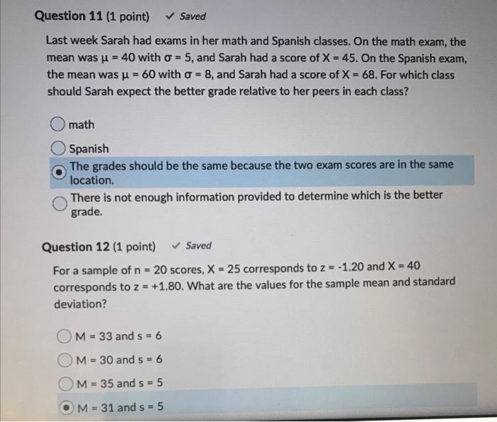 Solved Question 9 (1 point) Saved On an exam with u = 52, a | Chegg.com