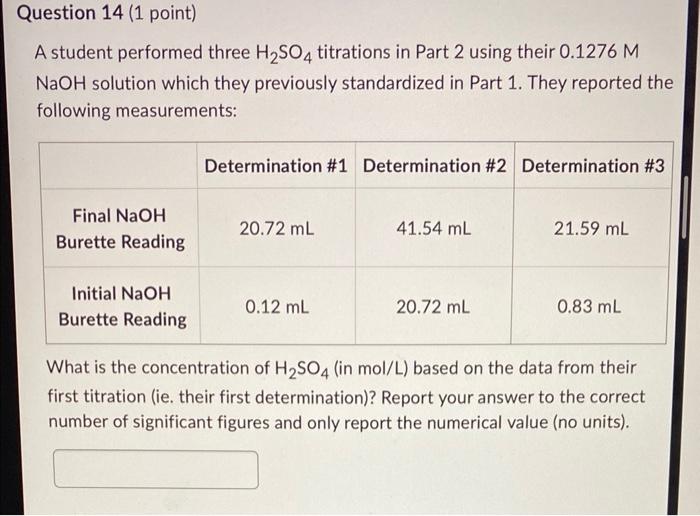 A student performed three H2SO4 titrations in Part 2