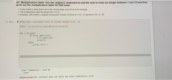 Solved 01. Multiplication Table. Use the input() statement | Chegg.com