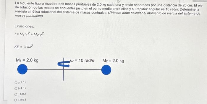 La siguiente figura muestra dos masas puntuales de \( 2.0 \mathrm{~kg} \) cada una y están separadas por una distancia de \(