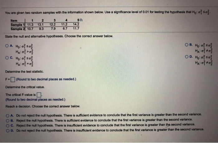 Solved You are given two random samples with the information | Chegg.com