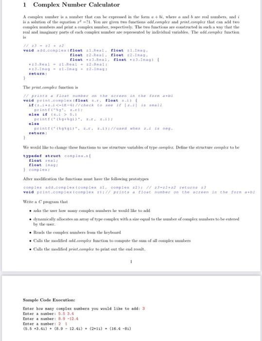Solved 1 Complex Number Calculator A complex number is a | Chegg.com
