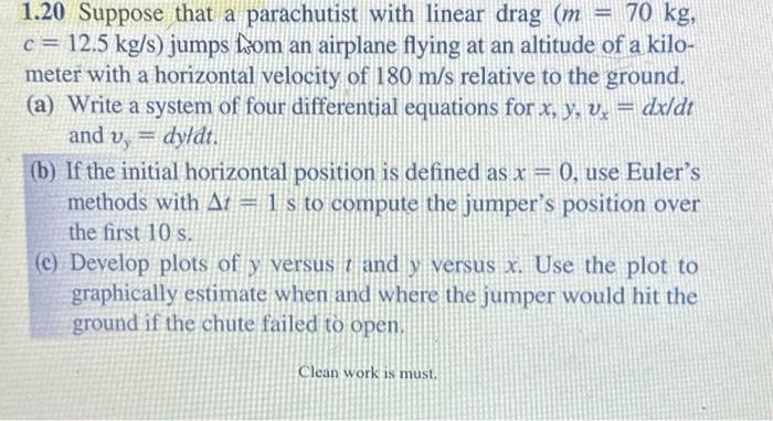 Solved 1.20 Suppose that a parachutist with linear drag | Chegg.com