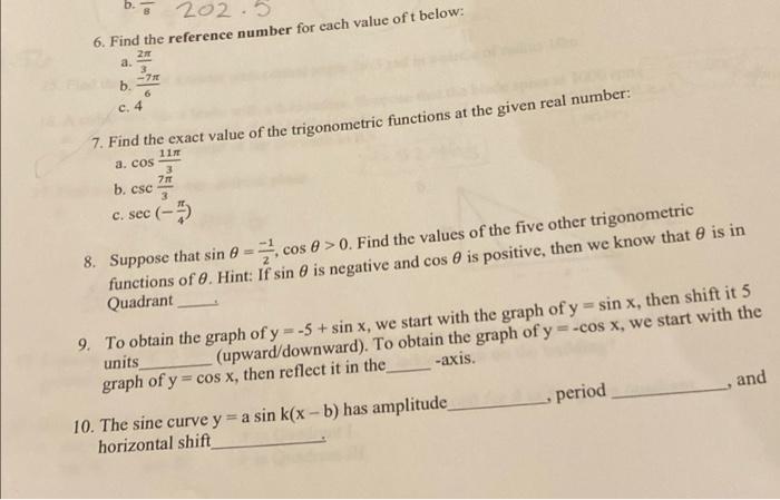 Solved 202. 6. Find the reference number for each value oft | Chegg.com