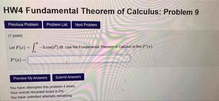 Solved HW4 Fundamental Theorem of Calculus: Problem 9 9 | Chegg.com