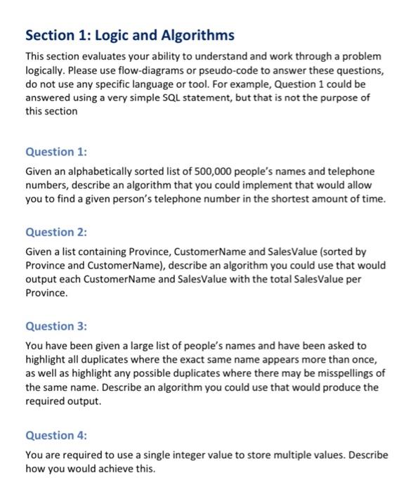 Solved Section 1: Logic and Algorithms This section | Chegg.com