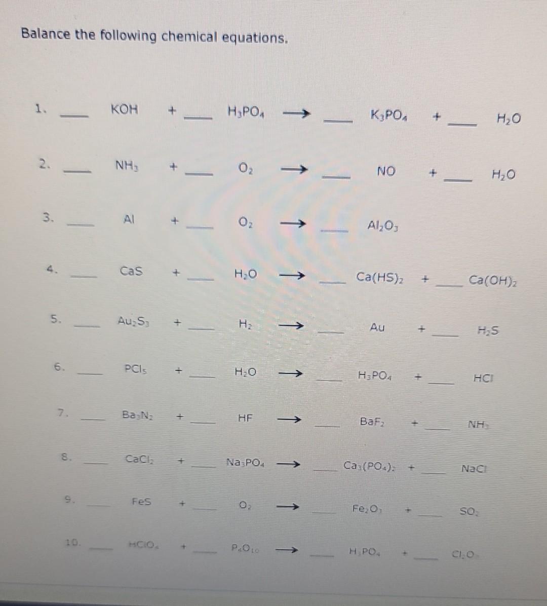 Solved Balance The Following Chemical Equations. 1. 