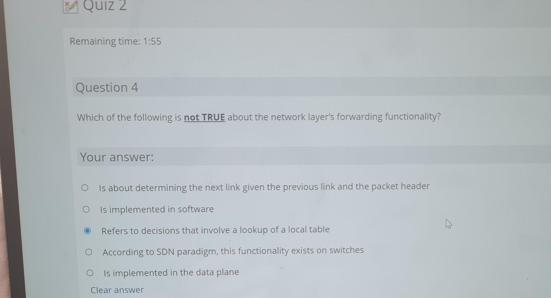 Quiz 2. Remaining time: 1:55 Question 4 Which of the | Chegg.com