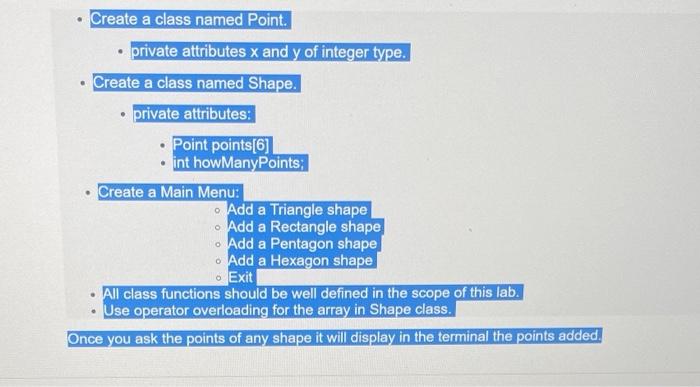 Solved Create a class named Point. • private attributes x | Chegg.com