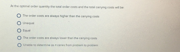 Solved At the optimal order quantity the total order costs | Chegg.com