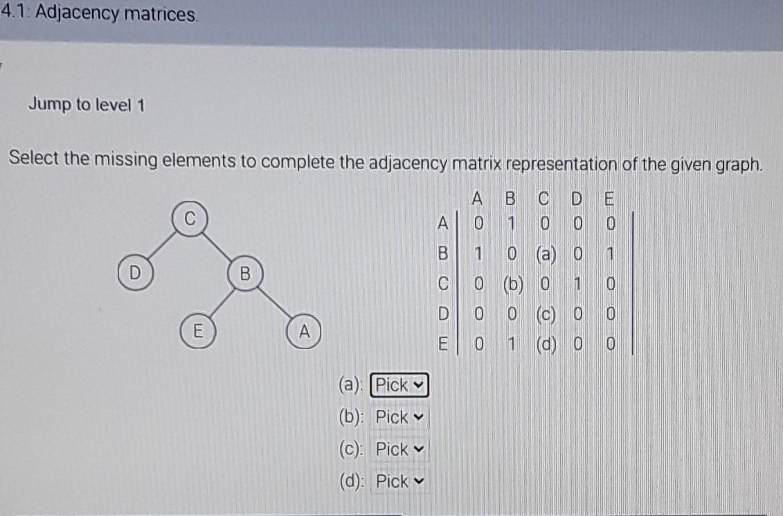 Solved 4.1: Adjacency matrices Jump to level 1 Select the | Chegg.com