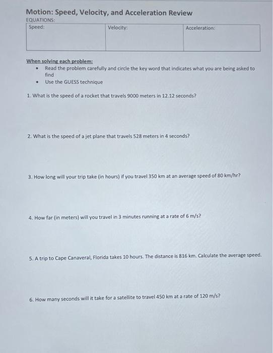 Determining Speed and Velocity Problems with Answer Key
